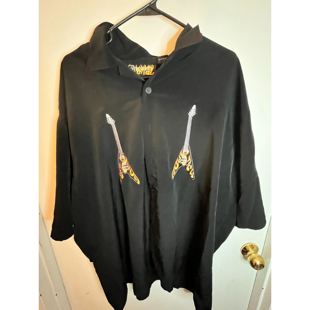 Vintage Dragonfly Shirt Men's 2XL Black Embroidered Guitar Polyester Button-Up